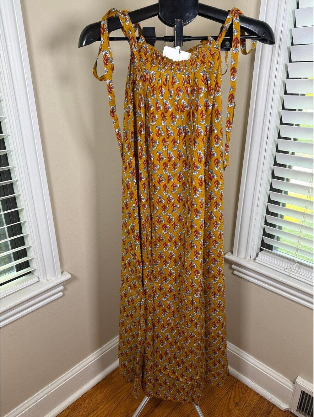 Ex Voto Iris Sundress NWT XS/S Orange Block Print Cotton Tie Shoulder Maxi Dress